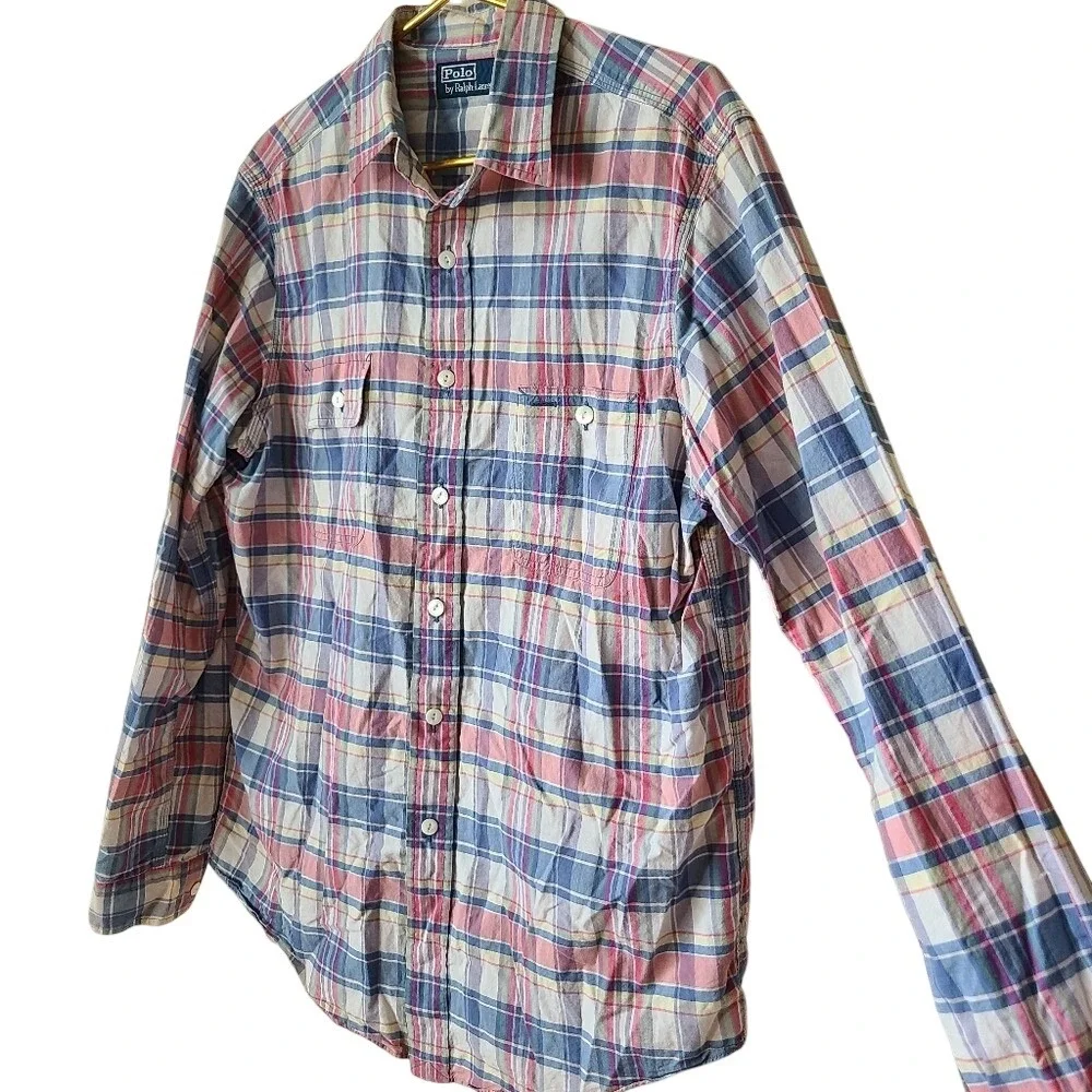 Polo Ralph Lauren Blue Plaid Button Up Long Sleeve Shirt L Classic Oxford Preppy